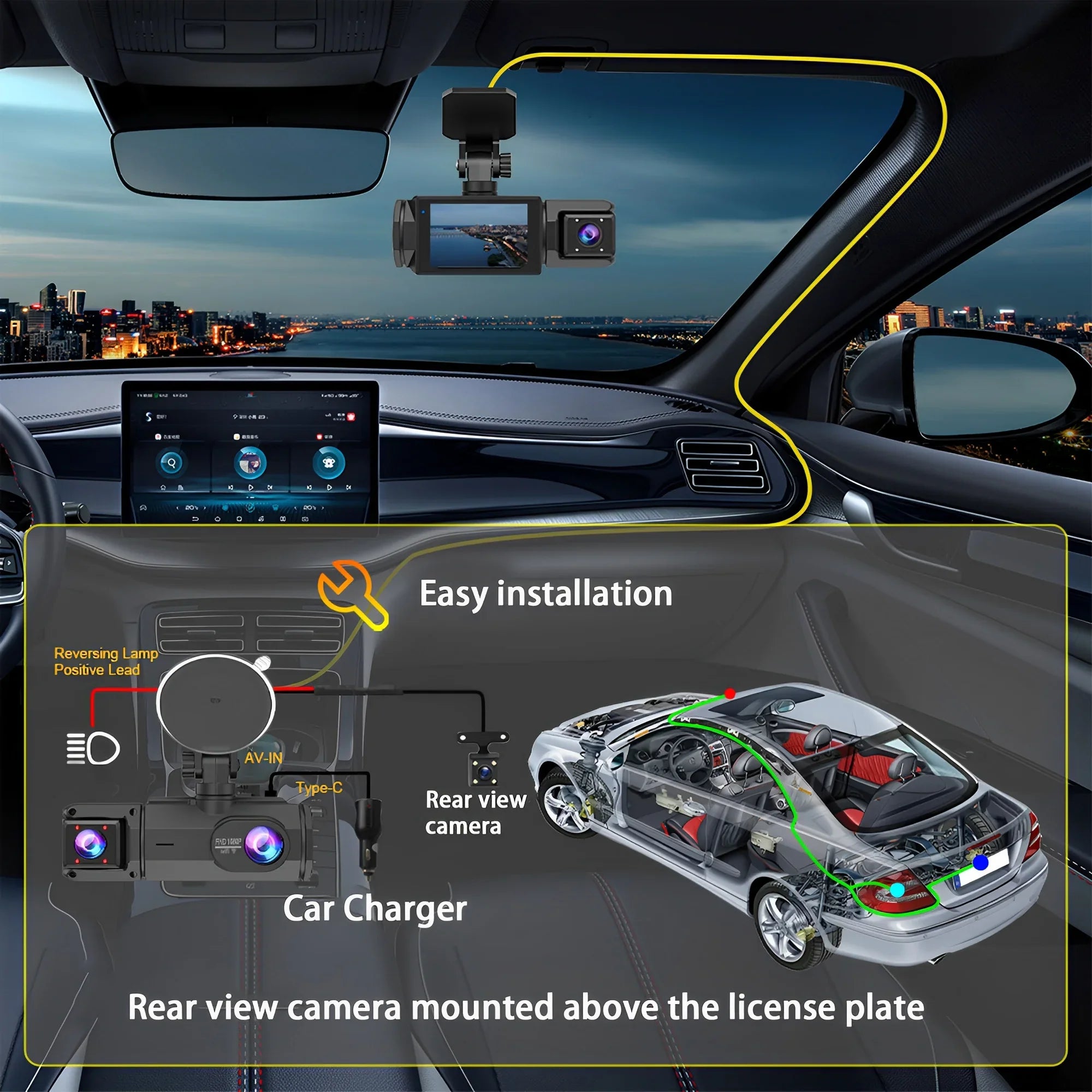 TIKBBRMG Dash Cam Front and Rear,Triple Camera,1080P Full HD Dashcam for Cars Backup Camera,Included 64GB Card,Built-in Wi-Fi GPS,2” IPS Screen, Night Vision, 140°Wide Angle,WDR, 24H Parking Mode